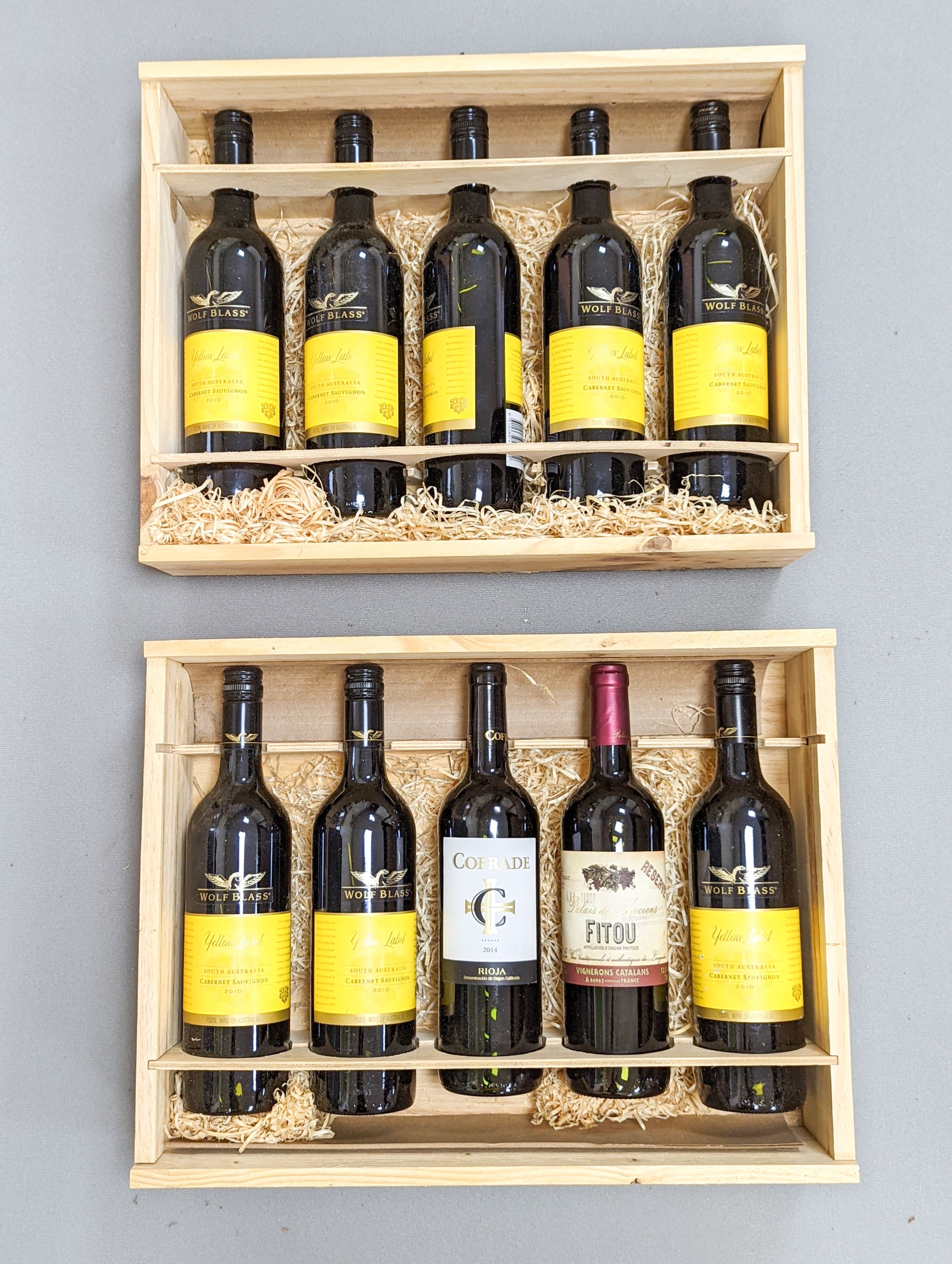 10 bottles of wine - 8 Wolf Blass yellow label Cabernet Sauvignon 2010, and two other bottles